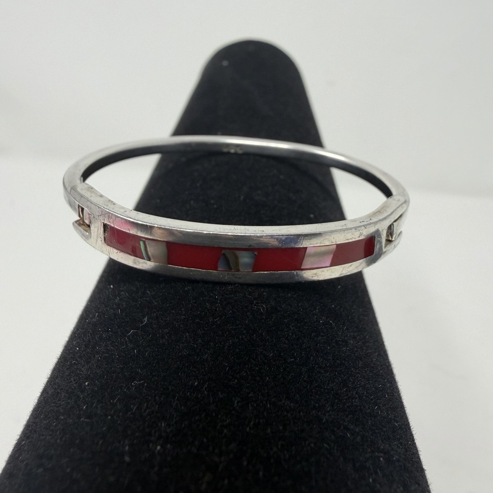 Vintage Mexico‎ 925 Sterling Silver Abalone Red Shell Inlay Hinged Cuff Bracelet - Picture 13 of 16